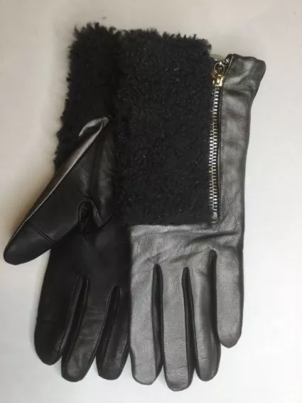 Caroline Amato Gloves /Silver & Black Leather/ Shearling Cuff