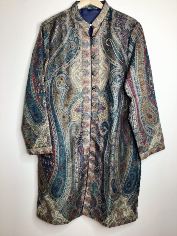 Kashmir / Wool Viscose Long Coat / Teal Paisley - Karen Allen Fiber Arts