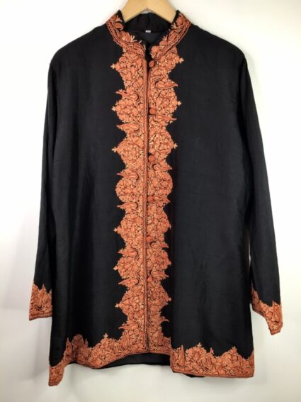 Kashmir / Silk Embroidered Jacket / Orange & Black