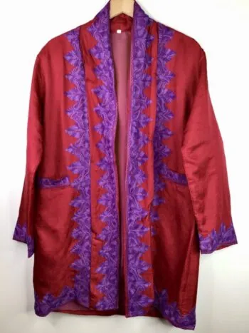 Kashmir / Silk Open Front Coat / Red & Purple