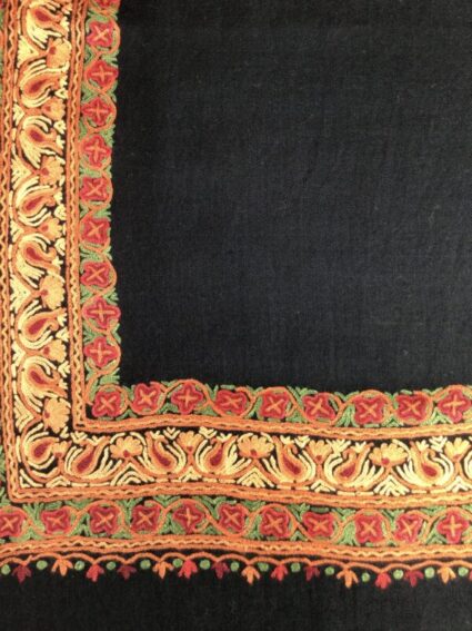 Kashmir / Wool Shawl / Solid Black Center Embroidery