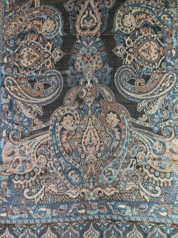 Kashmir / Woven Paisley Shiny Silk Scarf / Black & Teal Paisley