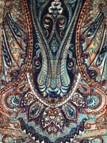 Kashmir / Printed Silk Paisley Scarf / Blue Red & Gold