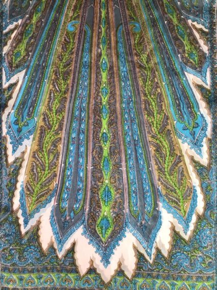 Kashmir / Printed Silk Paisley Scarf / Gray & Green