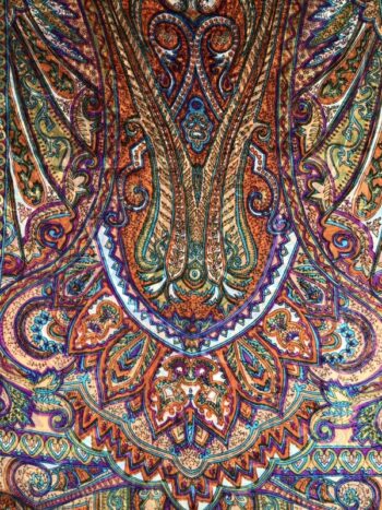 Kashmir / Printed Silk Paisley Scarf / Orange & Purple