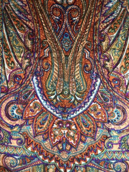 Kashmir / Printed Silk Paisley Scarf / Orange & Purple