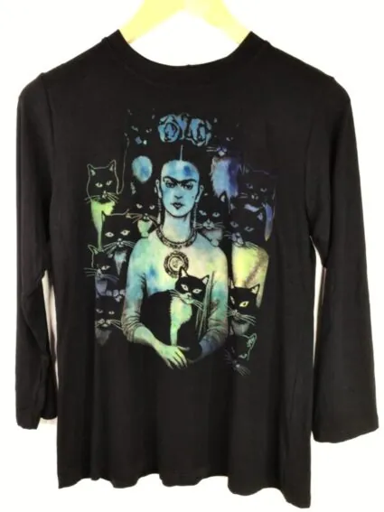 Heyne Bogut / 3/4 Sleeve Crew Neck Tee / Frieda Cat Print