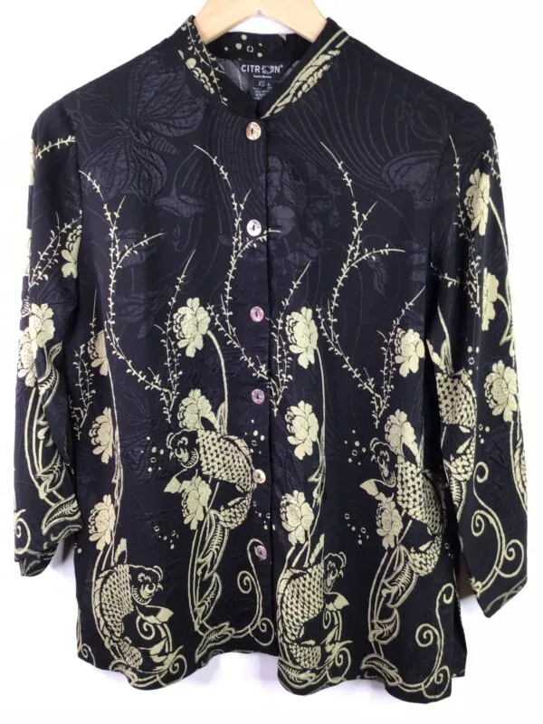 Citron / Silk & Rayon / Graceful Fish Flower Black Blouse