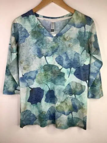 Whimsy Rose / Cotton Blend / 3/4 Sleeve V-Neck Tee / Shades of Blue