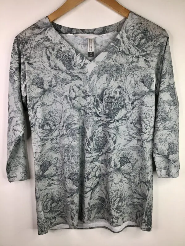 Whimsy Rose / Cotton Blend / 3/4 Sleeve V-Neck Tee / Vintage Botanical
