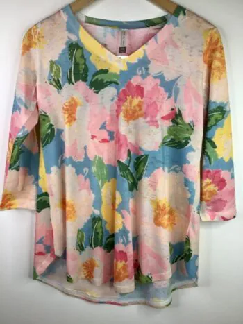 Whimsy Rose / Cotton Blend / 3/4 Sleeve V-Neck Flowy Tunic / Rose Riot