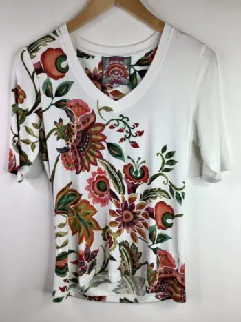 Johnny Was / Rayon Spandex / Janie Favorite V-Neck Elbow Tee / White Floral