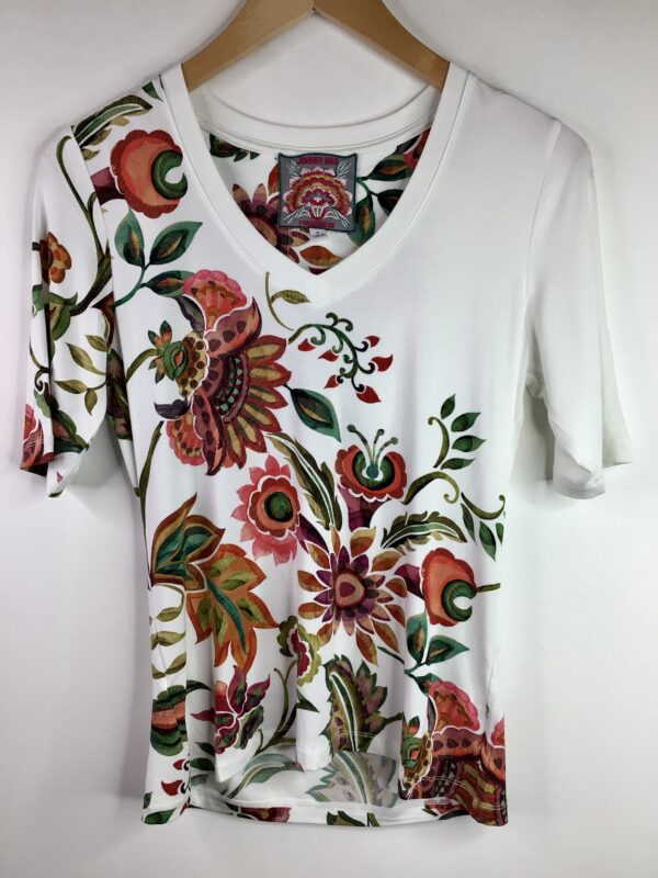 Johnny Was / Rayon Spandex / Janie Favorite V-Neck Elbow Tee / White Floral