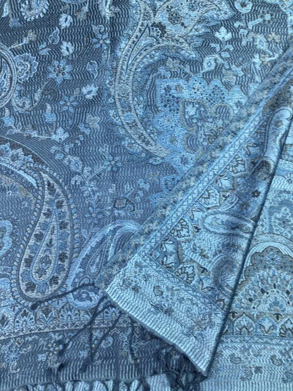 Kashmir / Woven Shiny Silk Paisley Scarf / Dark Blues (SLK10)