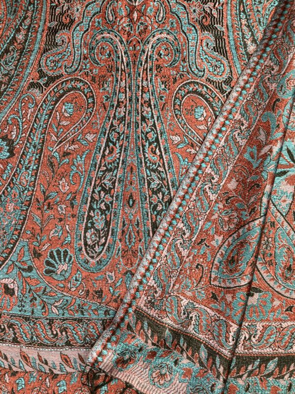 Kashmir / Woven Shiny Silk Paisley Scarf / Red Blue (SLK24)