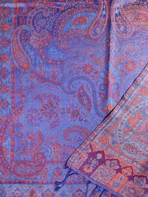 Kashmir / Woven Shiny Silk Paisley Scarf / Blue & Red (SLK19)