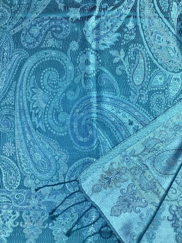 Kashmir / Woven Shiny Silk Paisley Scarf / Turquoise (SLK11)